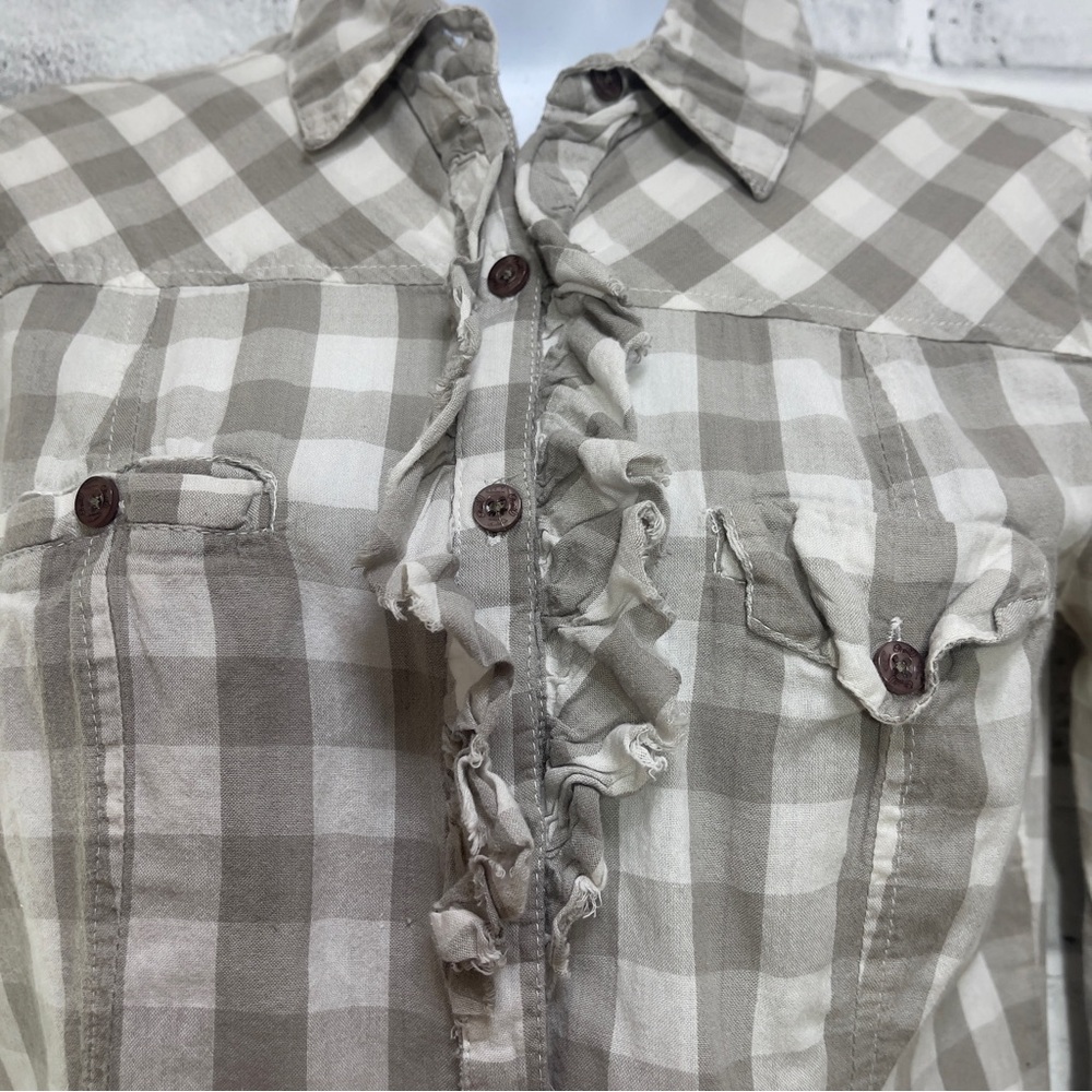 O’Neill Grayish Brown Plaid Ruffle Button Up Top Small - Picture 2 of 10